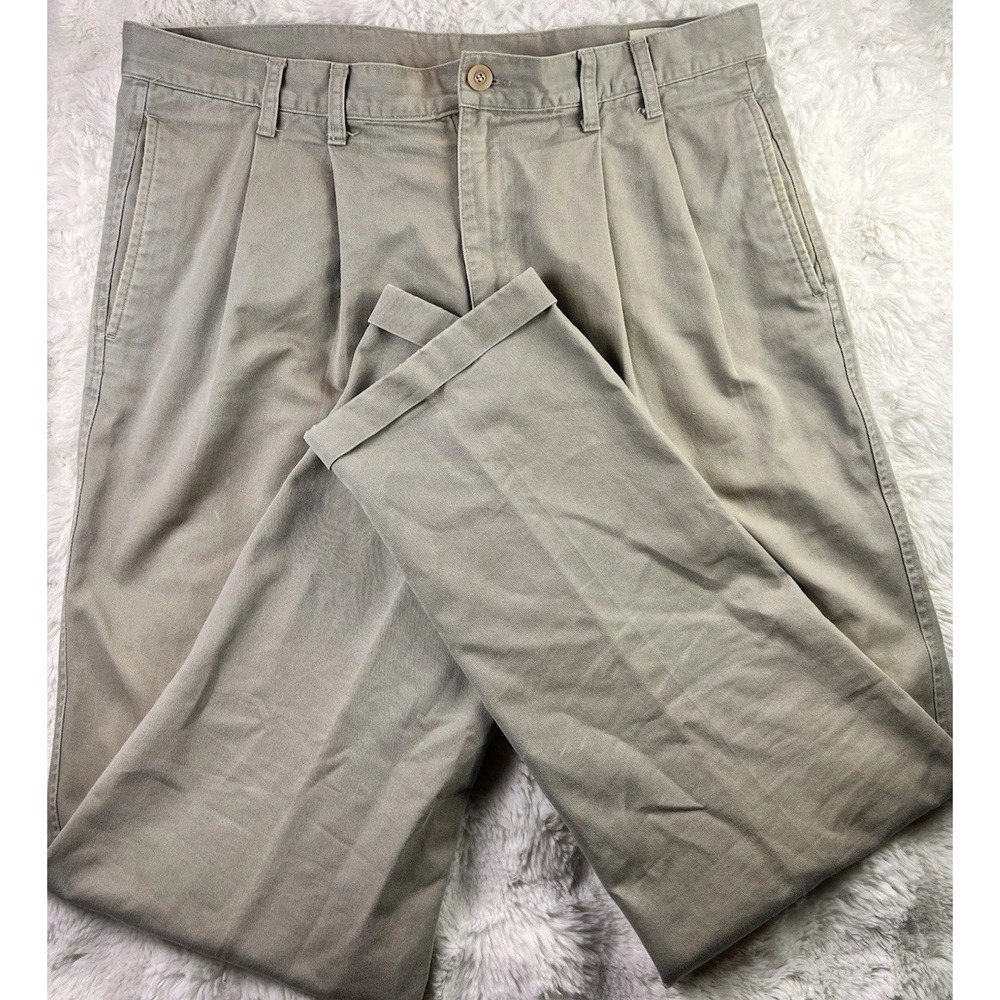 Eddie Bauer Mens Pleated Chino Pants Khaki Beige Hem Vintage Casual Sz 38 A7